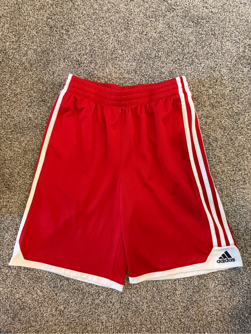 Boys Adidas Red Athletic Shorts with White Stripes